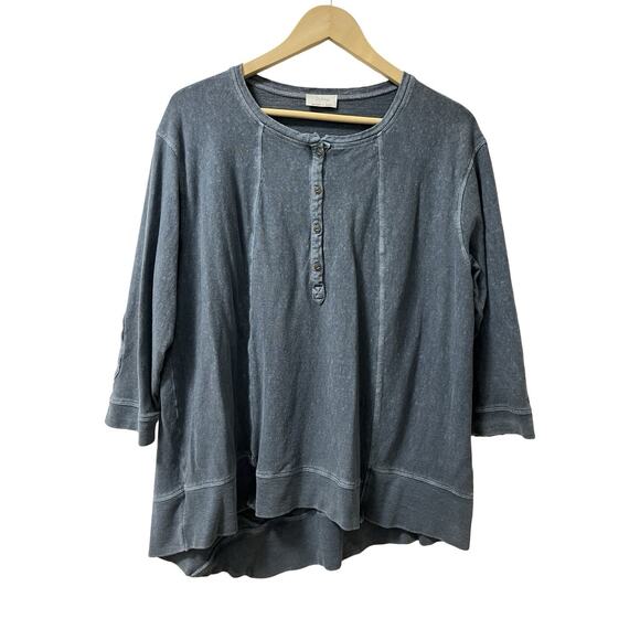Wrap London Womens Hemp Cotton Henley Top Size 14 Blue Lagenlook Patch Elbow - Picture 1 of 7